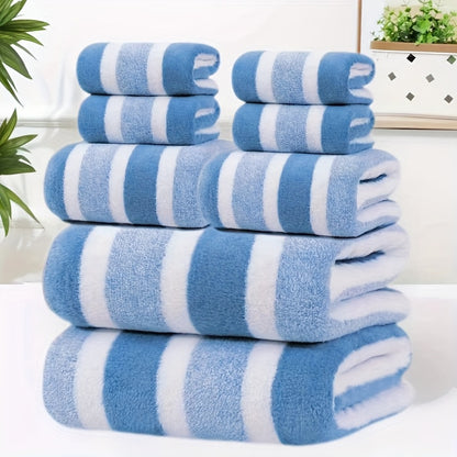 8pcs Set of Lint-Free, Super Absorbent And Super Soft Five-Star Hotel Standard Two-Color Striped Bath Towel Set, Including 2 Large Bath Towels, 2 Large Face Towels And 4 Hand Towels - Quick Drying | with Hanging Loop | Light