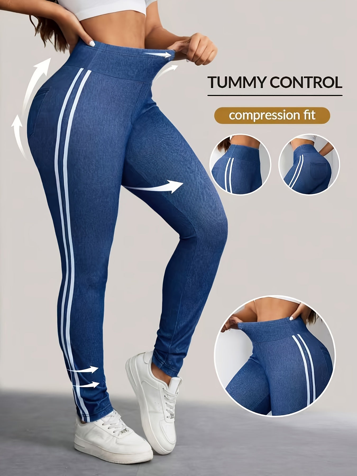 [Denim Print/Imitation Denim] Women's High-Waisted Stretch Skinny Jeans - Blue Distressed Look Leg Jeans, Non- Tummy Control Compression Fit, All-Season Elegant & Casual Pants for Everyday or Formal Outfits - Wrinkle-Resistan