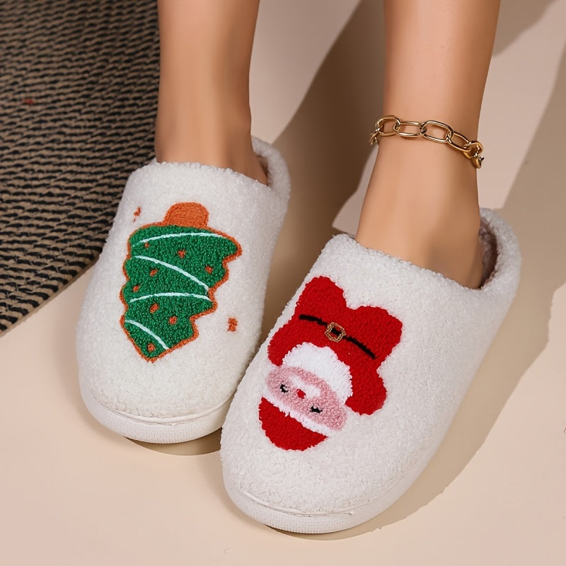 Pantufas felpudas com estampado de árvore de Natal, chinelos de inverno fechados e quentinhos para usar em casa, pantufas aconchegantes de sola macia e felpuda.