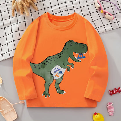 Boys' Pure Cotton Long Sleeve T-Shirt with Small Dinosaur Pattern Autumn and Winter Trendy Style