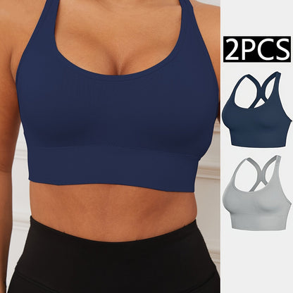 2pcs Stretchy Solid Racer Back Sports Bra, Comfy & Breathable Push Up Fitness Bra, Women's Lingerie & Underwear