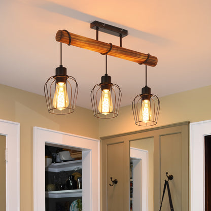 3 Bulbs Wooden Living Room Lamp Black - Socket: E27 - Vintage Ceiling Lamp, Height Adjustable Spotlight Made Of Metal And Wood (Without Bulb)