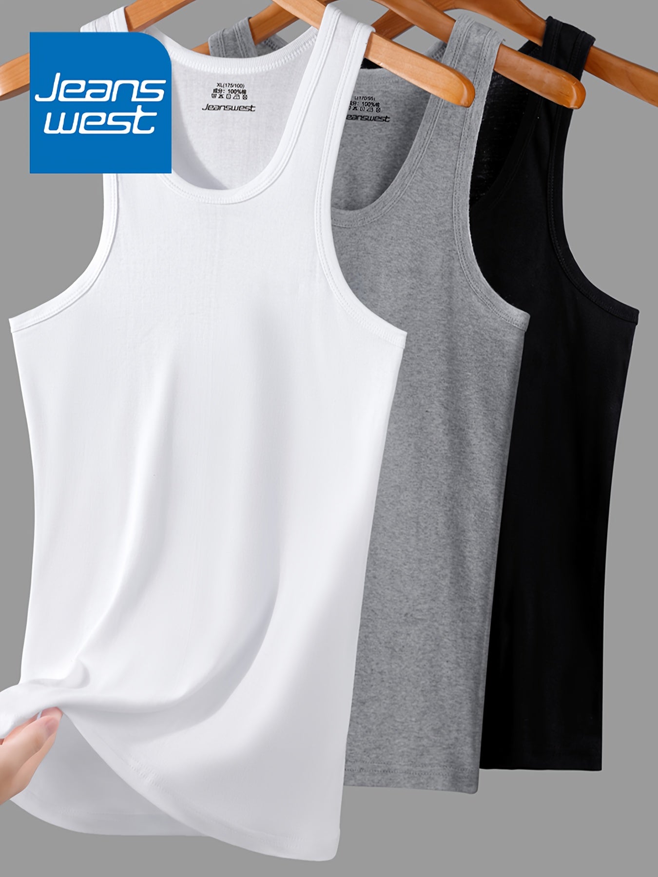 Conjunto de 3 Regatas para Homem JEANSWEST, 100% Algodão, Estilo Simples, Cor Sólida, Corte Slim.