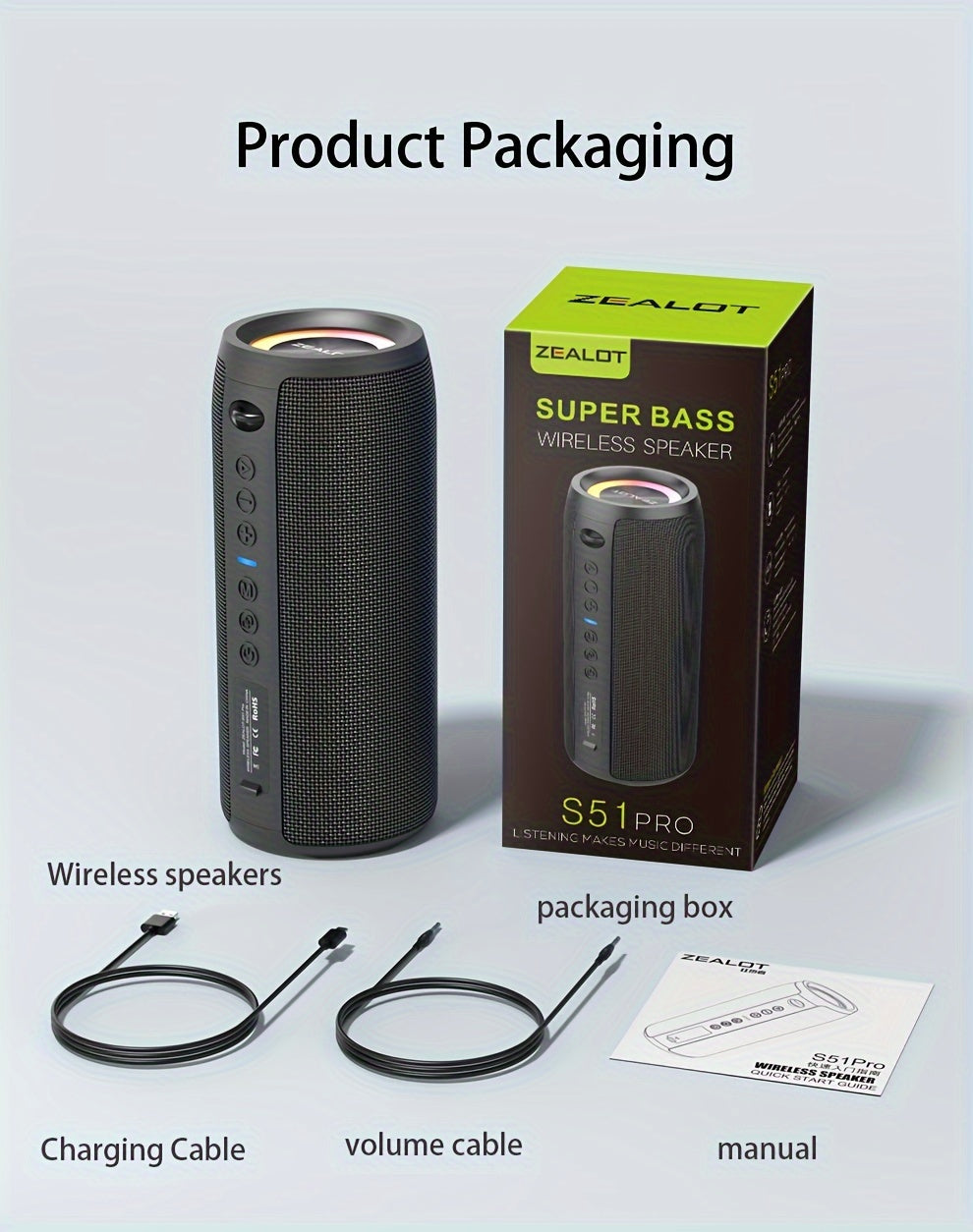 ZEALOT S51 Pro 40W Wireless Speakers - 16Hrs Playtime, Dual Pairing, Booming Bass, Waterproof IPX5, Portable with Handle, USB-C Charging, 7.2 Surround Sound, 40W Power, for Home, Car, Camping, Travel - Ideal Christmas Gift