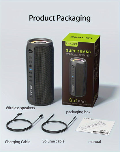 ZEALOT S51 Pro 40W Wireless Speakers - 16Hrs Playtime, Dual Pairing, Booming Bass, Waterproof IPX5, Portable with Handle, USB-C Charging, 7.2 Surround Sound, 40W Power, for Home, Car, Camping, Travel - Ideal Christmas Gift