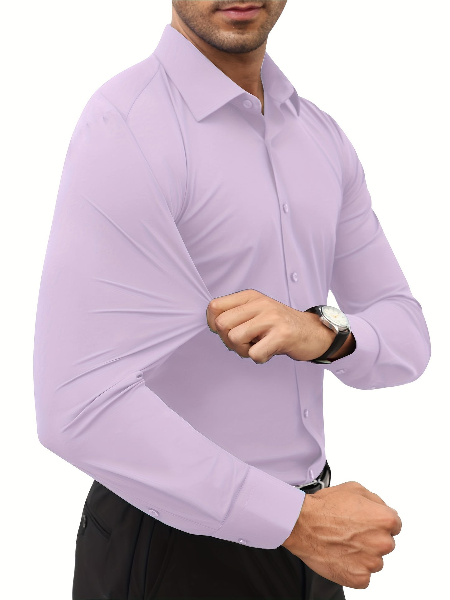 Camisola de homem de manga comprida com corte slim - 55% algodão, 40% poliéster, 5% elastano, cor lisa, para todas as estações, tecido plano, fecho com botões, gola de lapela, ideal para o fim de semana, 125 g/m²
