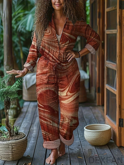 Women'S Floral Print Jumpsuit - Long Sleeve Loose Fit Pantsuit with Belt, Non-Stretchy Fabric for Fall/Winter, Office, Party, Everyday Outfit - Women'S Clothing, Office Attire, Retro Fashion, Quality Stitching, Stylish Romper