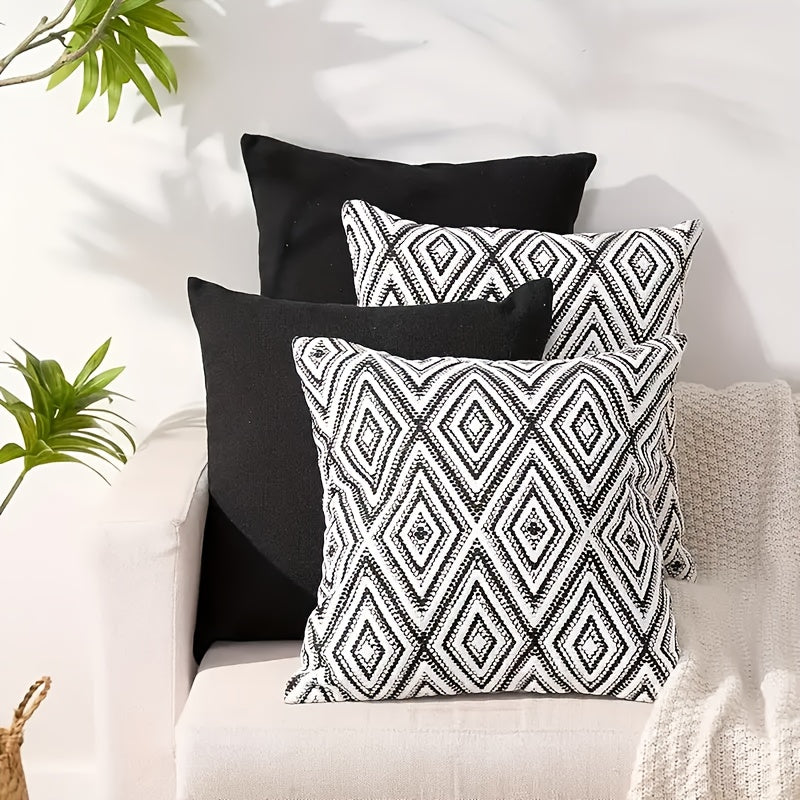 4pcs Bohemian Geometric Print Square Throw Pillows - Black & White Modern Boho Decor with Zipper Closure, Machine Washable Cushions for Sofa, Bed, Living Room, Kitchen - 14x14, 16x16, 18x18, 50.8x50.8 cm - Single-Sided Decora