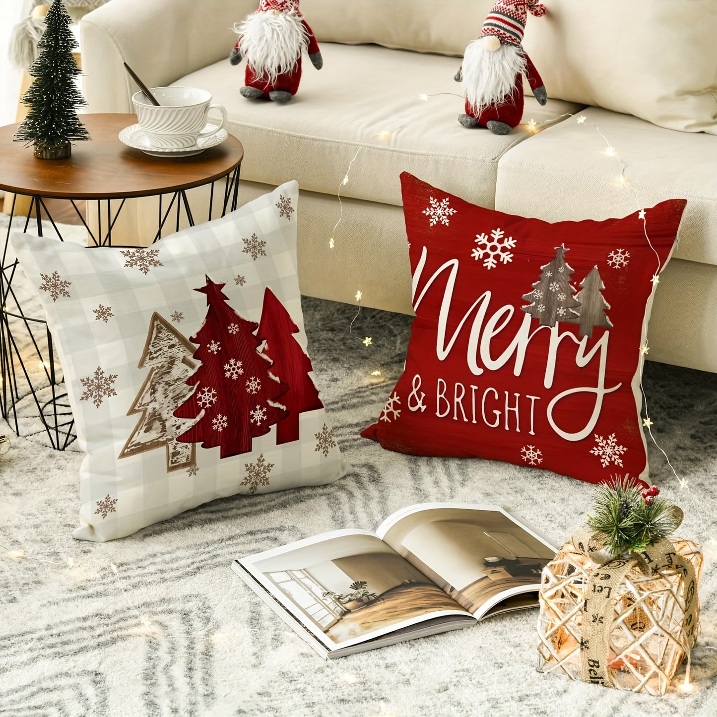 4pcs Merry & Bright Christmas Let It Snow Snowflake Buffalo Plaid Throw Pillow Covers, Red Xmas Trees Winter Holiday Cushion Case Decoration for Sofa Couch
