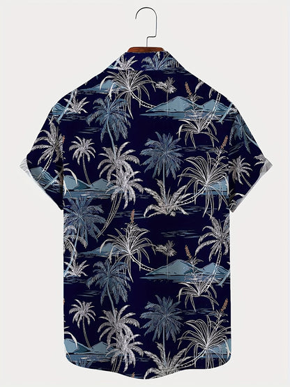 Men's Hawaiian Coconut Tree Print Button-Up Shirt - Tropical Vacation Style Short Sleeve Summer Shirt with Navy Blue & White Palm Design, Machine Washable Regular Fit for Beach Outings & Casual Wear, Hawaiian Shirt, Nontransp