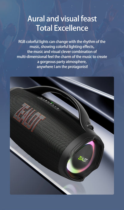 Zealot S98 Portable Wireless Speaker - 160W High-Power, 60H Playtime, IPX5, Fast Charging, Dual Pairing, Shocking Subwoofer, 36000mAh Battery, DSP Technology, Black with Red Accents