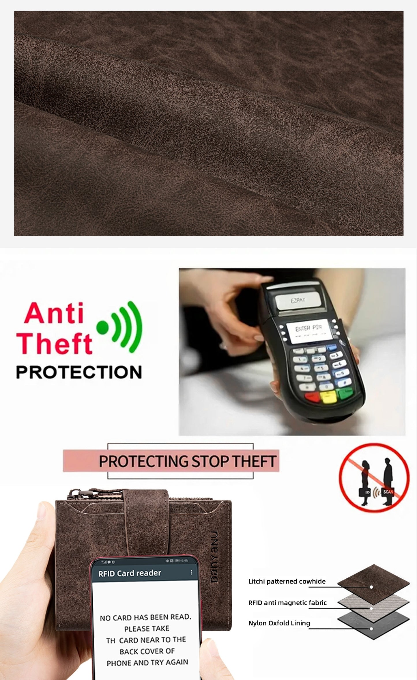 BANYANU Vintage Genuine Leather Wallet for Men - RFID Blocking, 17 Card Slots, Zippered Coin Pocket &amp; Independent Card Holder, Brown, Perfect Father'S Day Gift, Secure Card Storage | Vintage Wallet | Durable Zipper Closure, B