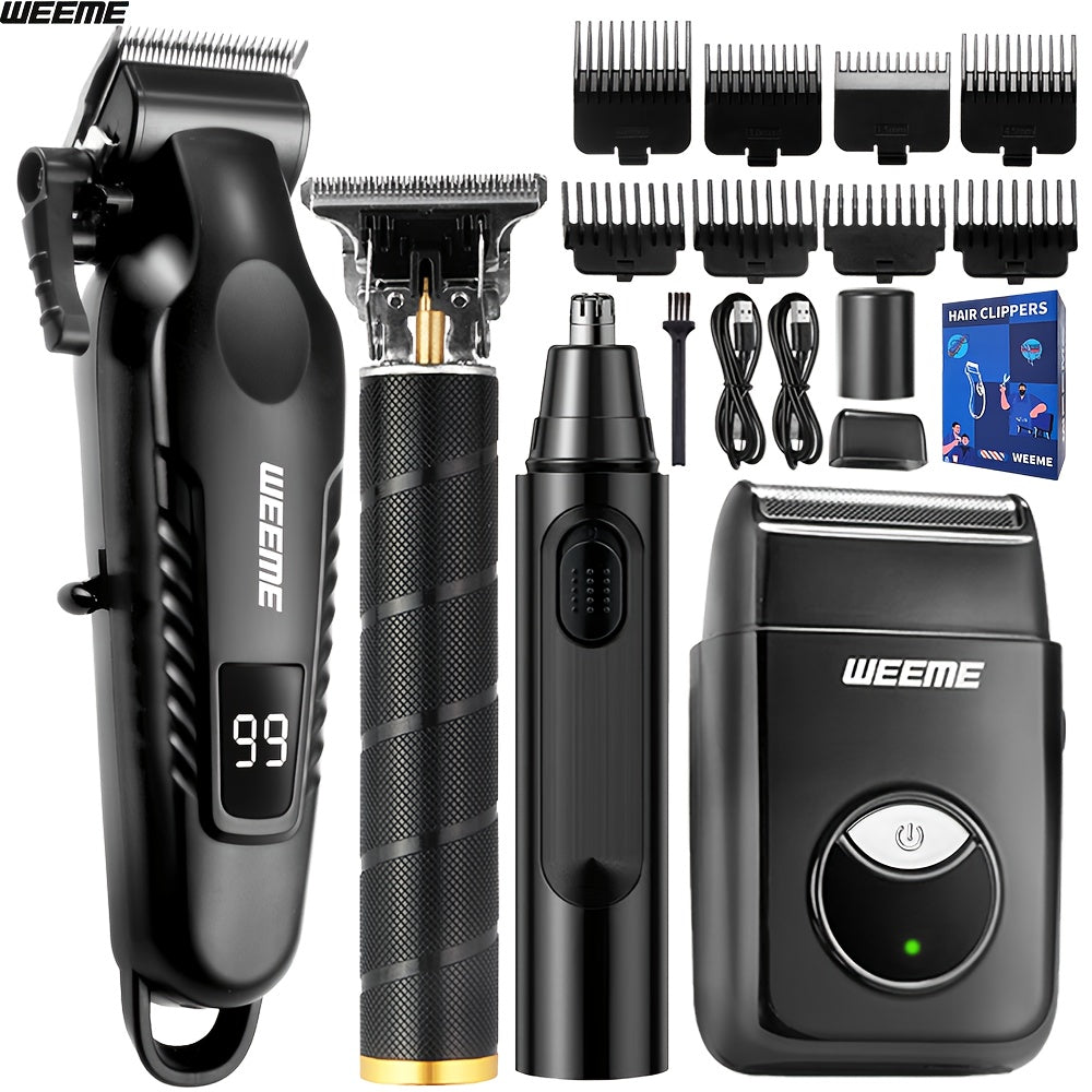 WEEME 4pcs Men's facial grooming set, household electric hair clipper set USB fast-charging electric hair clipper + T-trimmer + razor + nose hair clipper Haircutting, shaving, nose hair t* Car travel home Father's Day/Birthda