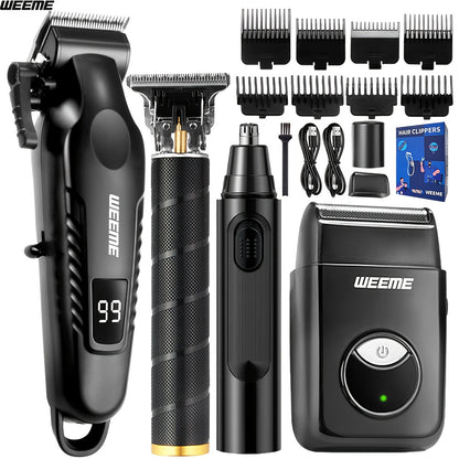 WEEME 4pcs Men's facial grooming set, household electric hair clipper set USB fast-charging electric hair clipper + T-trimmer + razor + nose hair clipper Haircutting, shaving, nose hair t* Car travel home Father's Day/Birthda