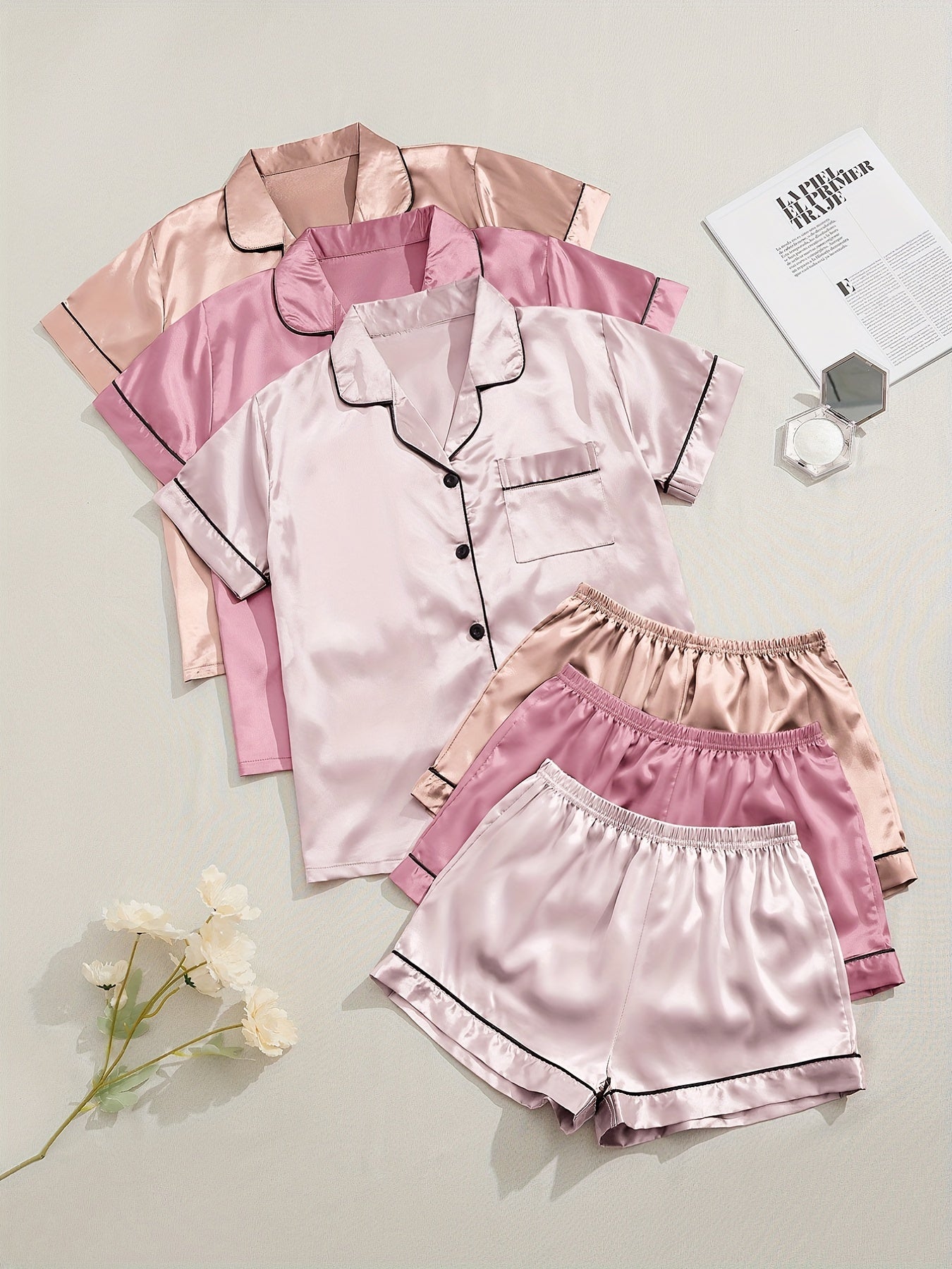 3 Sets Satin Pajama Set, Short Sleeve Lapel Top &amp; Elastic Waistband Shorts, Women's Sleepwear &amp; Loungewear