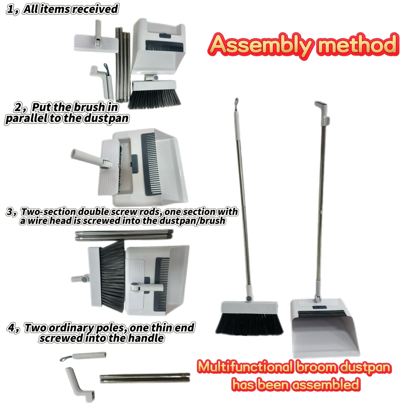 4-in-1 Foldable Broom and Dustpan Set - Durable Plastic, Easy Storage Design for Home Cleaning - Ideal for Kitchen, Bathroom, Bedroom Floors - Includes Water Squeegee, No Broom Required, Broo