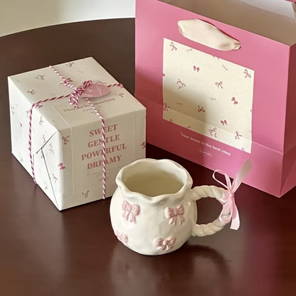1pc Handmade Irregular Bow Ceramic Mug, 340ml, Geometric Pattern, Microwave Safe, Machine Washable, Reusable, Perfect for Home Kitchen, Dorm Breakfasts, Birthday, Christmas, Thanksgiving, Valentine's Day, Mother's Day, Gradua