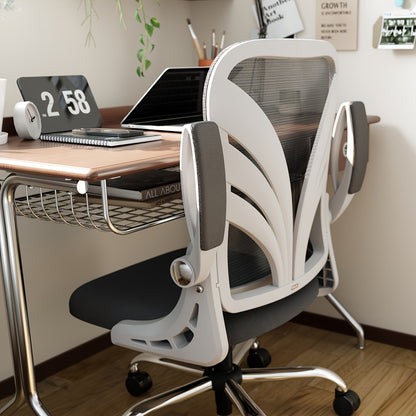 Ergonomic Office Chair with Foldable Space-Saving Design, Breathable Mesh Back &amp; Adjustable Lumbar Support, Flip-Up Armrests, Height-Adjustable - Heavy-Duty Plastic Frame, Foam Padding, White/Black Color Options - Ideal for H