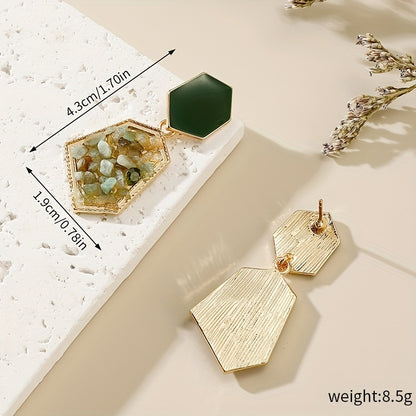 Hexagon Avocado Green Dangle Earrings With Artificial Crystal Decor Retro Elegant Style Zinc Alloy 18K Gold Plated Jewelry Banquet Ornaments