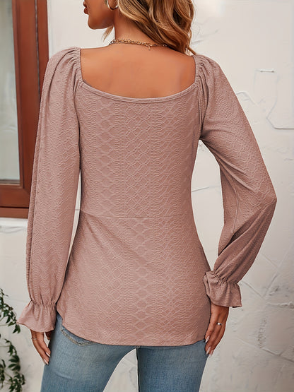 Jacquard Drawstring Front V Neck T-Shirt, Casual Long Sleeve Top For Spring & Fall, Women's Clothing
