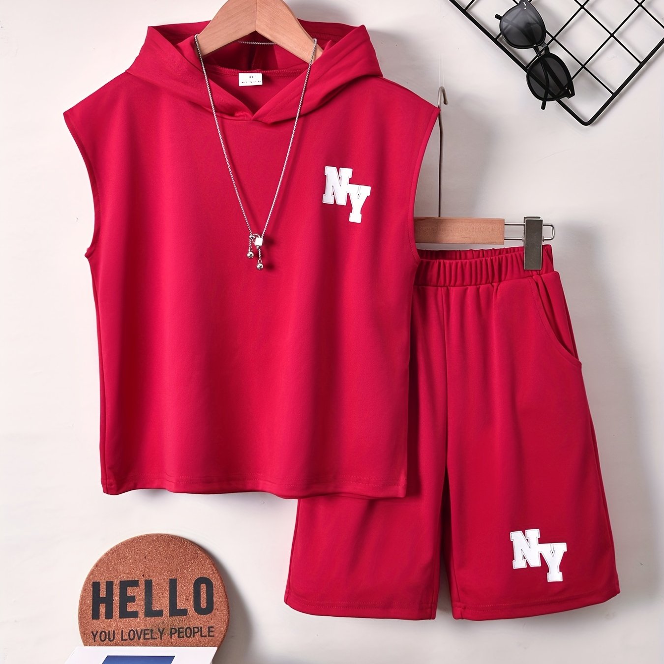 Cool Short-Sleeve T-Shirt with Letter Print And Shorts Set for Boys, for Outdoor