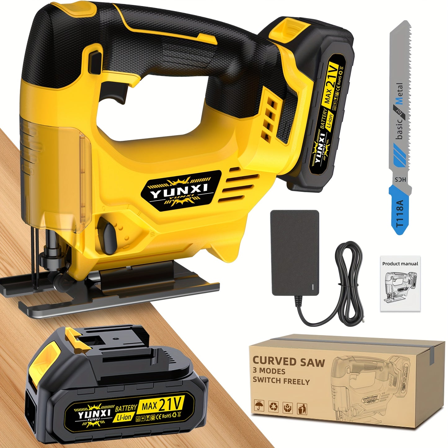 Charging Wireless Curve Saw, Electric Curve Saw, with 2 Batteries And Charger, Maximum Cutting Depth for Wood And Metal, Variable Speed, 45 Degree Oblique Cut, 3000 Revolutions Per Minute, Used for Cutting Wood, Metal And Pla