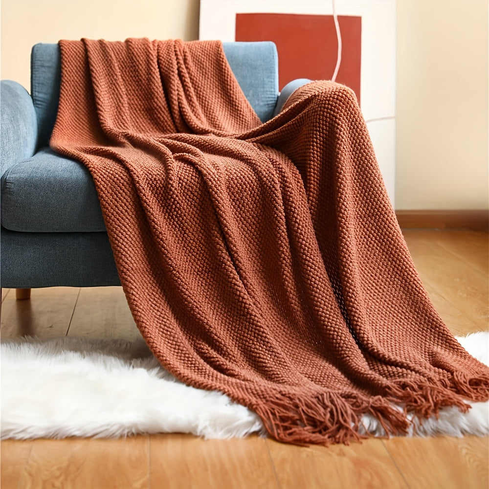 1pc Throw Blanket with Tassels, Bubble Textured Lightweight Throw Blanket for Couch Bed Sofa Home Decor