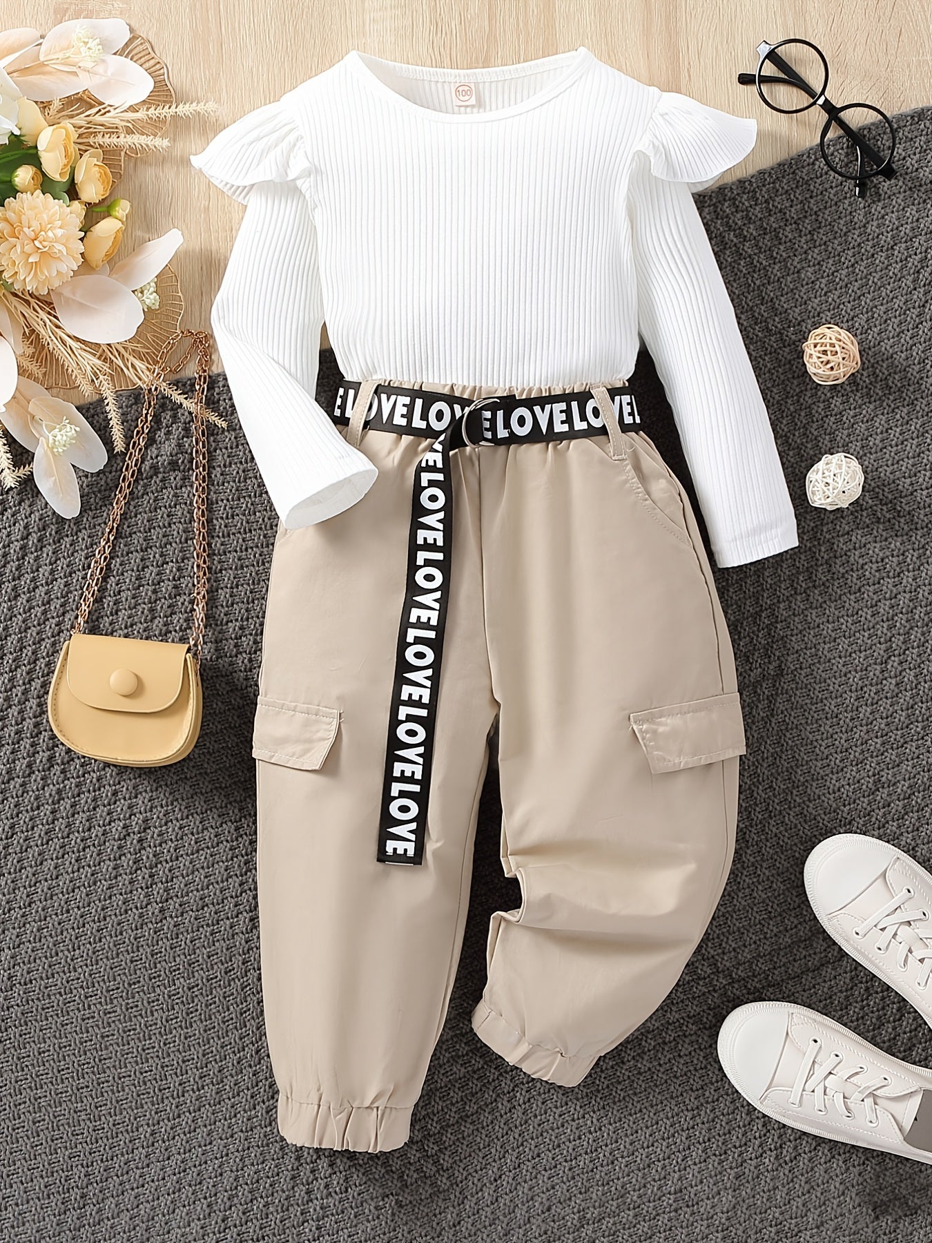 2pcs Baby Girls Ruffle Long Sleeve Round Neck Knitted Top &amp; Cargo Pant Set Kids Outdoor Clothes