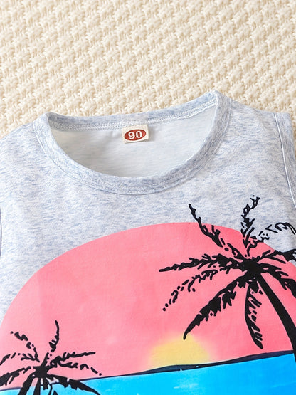 Boy's Coconut Trees Casual Outfit Round Neck Tank Top & Shorts Comfortable Breathable For Summer Kids Clothes Sets, Ideal For Daily & Outdoor Wear