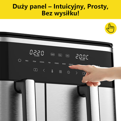 Iceagle XXL Hot Air Fryer, 2600W, 11L Dual-Zone Air Fryer with 2 Independent Chambers, 2-Sized Baskets, 10 Preset Programs, Timer, Digital Control Panel, and Recipe Guide