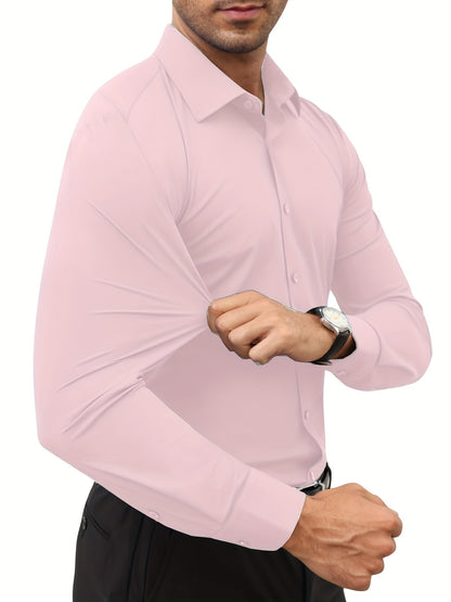 Camisola de homem de manga comprida com corte slim - 55% algodão, 40% poliéster, 5% elastano, cor lisa, para todas as estações, tecido plano, fecho com botões, gola de lapela, ideal para o fim de semana, 125 g/m²