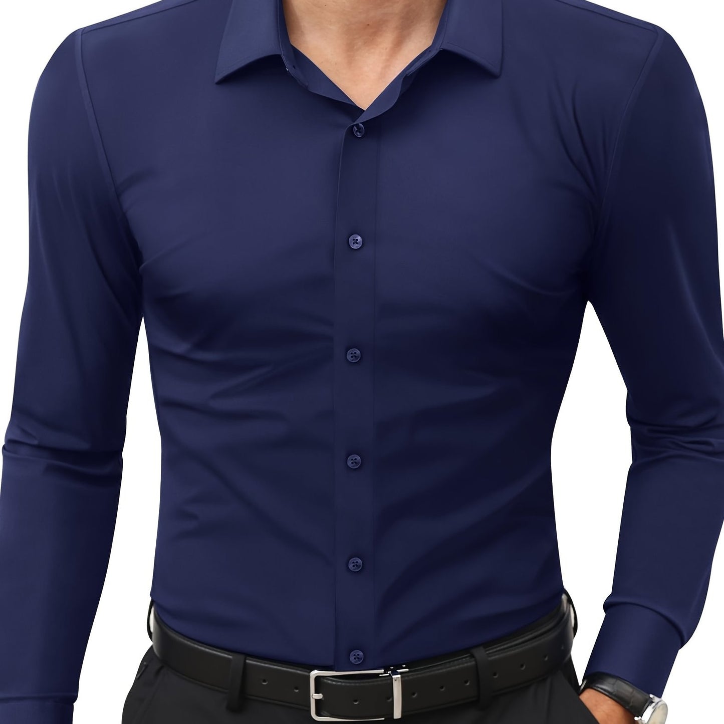Camisola de homem de manga comprida com corte slim - 55% algodão, 40% poliéster, 5% elastano, cor lisa, para todas as estações, tecido plano, fecho com botões, gola de lapela, ideal para o fim de semana, 125 g/m²
