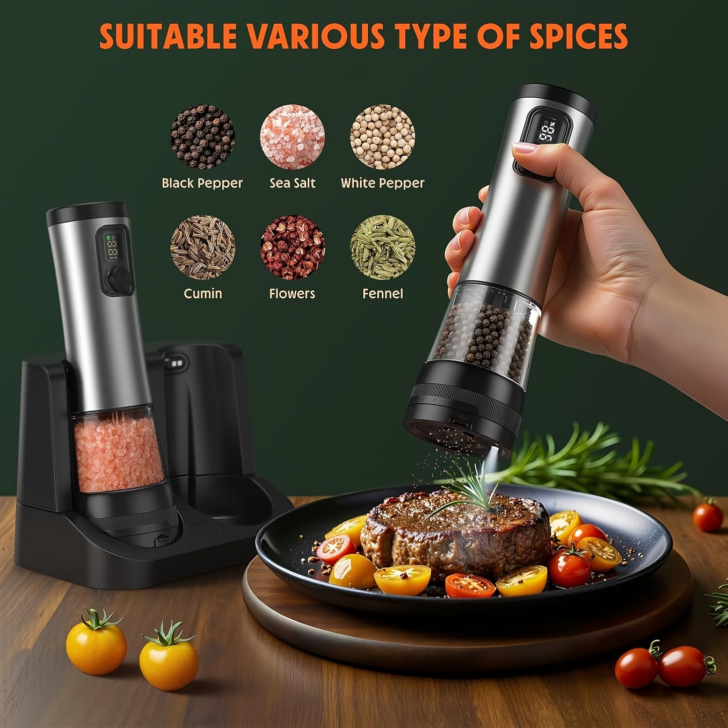1pc/2pcs Upgraded Electric Pepper Grinder | Rechargeable Salt & Pepper Grinder - Variable Grinding Speed, External Coarseness Adjustment, Dust Cover & LED Light, Perfect for Restaurants, Kitchens, Picnics & Barbecues Christma