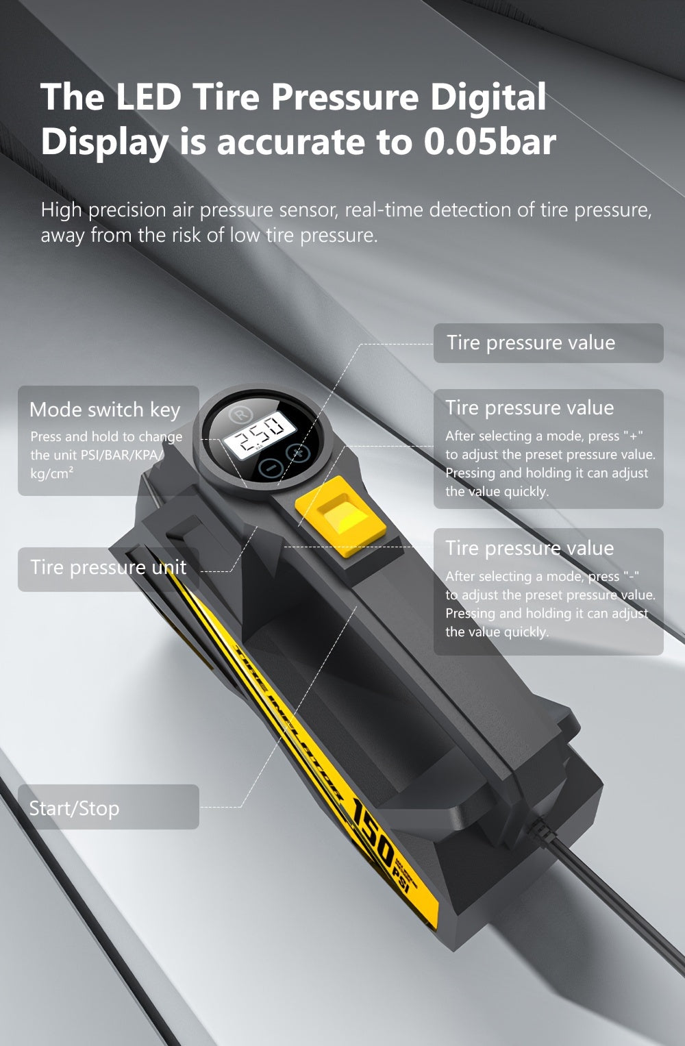 Inflador de pneus digital CaRSun, bomba de ar portátil com luz LED para automóveis, motos e bicicletas - DC 12V, 150 PSI, design preto e amarelo, alimentação por ficha, sem necessidade de bateria, insuflador de pneus de bicicleta | Porta elegante