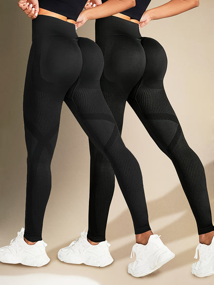Two Solid Color High-Elasticity Fitness Yoga Leggings - Abdominal Control, Pleated, Elastic Waistband, Long Length, Made of Polyamide And Elastic Materials - Suitable for Women'S Activewear, Exercise, And All Seasons.