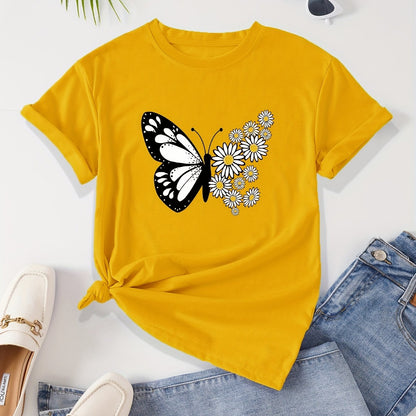 T-shirt casual para mulher com estampado floral de borboletas e margaridas, gola redonda - Verde azeitona, Lavável à máquina, Modelagem regular para looks casuais, Moda para todas as estações, Estilo descontraído, Tecido não transparente