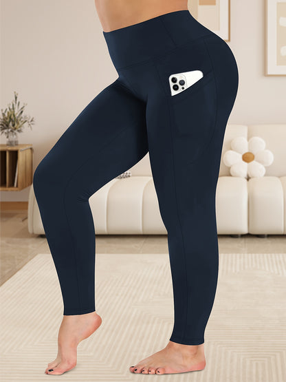 Women'S Plus Size High Waist Tummy Control Leggings with Side Pockets, 88% Polyester 12% Elastane, Knit Fabric, Stretchy Cropped Yoga Pants for Running & Fitness, All Season Solid Color Athletic Skinny Pants