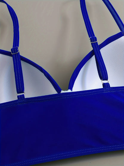 Floral Leaf Print Stretchy 3 Piece Set Swimsuits, Cross Spaghetti Strap Push Up Bikini & Boxer Shorts, Women's Swimwear & Clothing