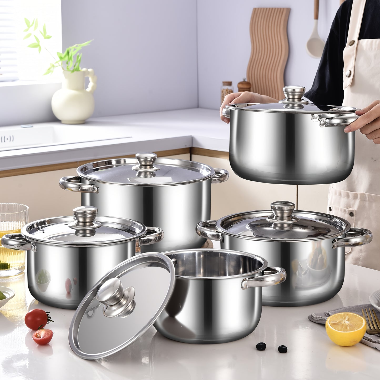 10pcs Stainless Steel Cookware Set, 3.5kg High-Quality, Deep Sided Pots with Lids, Dual Handles, Compatible with Electric Stoves, Ideal for Home and Restaurant Cooking, Suitable for Soup, Hot Pot, Pasta, Seafood Stew