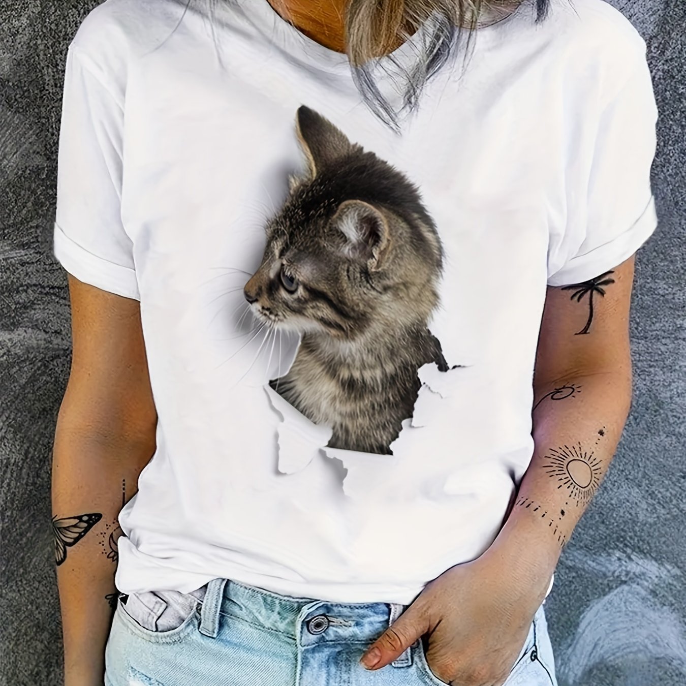 Cute Cat Print T-shirt, Crew Neck Short Sleeve T-shirt, Casual Everyday Tops, Women's Clothing