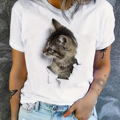 Cute Cat Print T-shirt, Crew Neck Short Sleeve T-shirt, Casual Everyday Tops, Women's Clothing