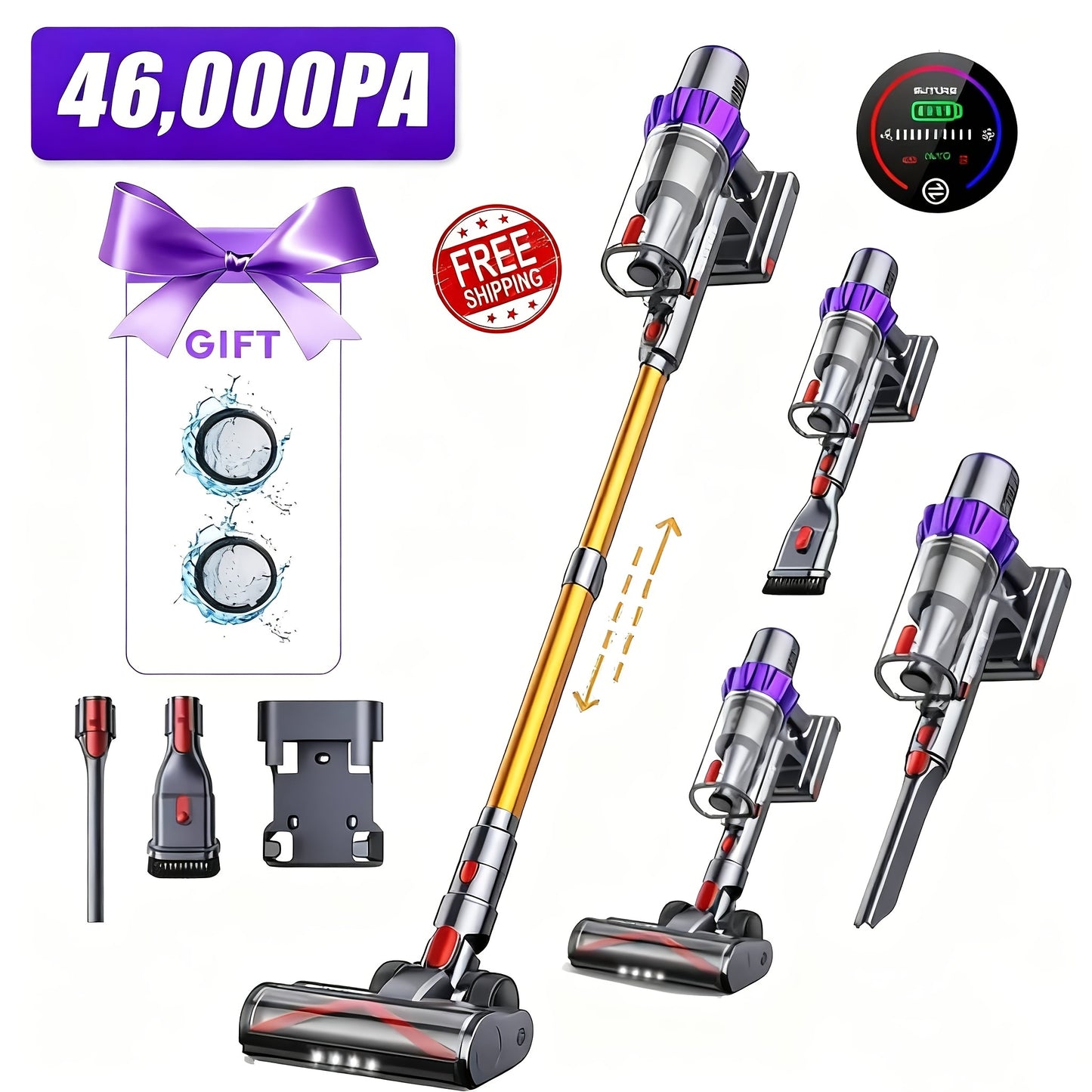 46000Pa/55Min Vacuum Cleaner Cordless, Cordless Vacuum Cleaner Super Quiet, Powerful Cordless Stick Vacuum Cleaner with LED Display/Anti-Tangle Brush, Detachable Battery, Lightweight 1.5L Dust Cup Perfect for Pet Hair, Floor,