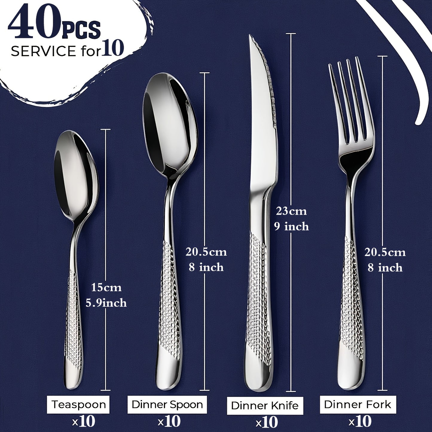20/40-piece silverware cutlery set, textured hammer handle, durable cutlery including spoons, forks, knives, high-quality mirror-polished stainless steel, dishwasher safe, suitable for home kitchens, restaurants, hotels, and parties.