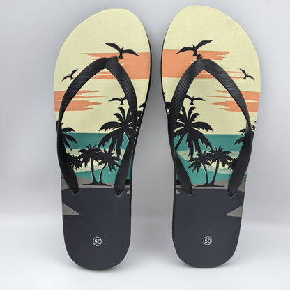 Men's Oversized Slip-On Flip Flops with Tropical Palm Tree & Sunset Print - Non-Slip Beach Sandals, Cushioned EVA Sole & Arch Support, -Resistant PVC Upper for Pool, Vacation, Casual Wear - Wide Widths Available, Vacation Foo