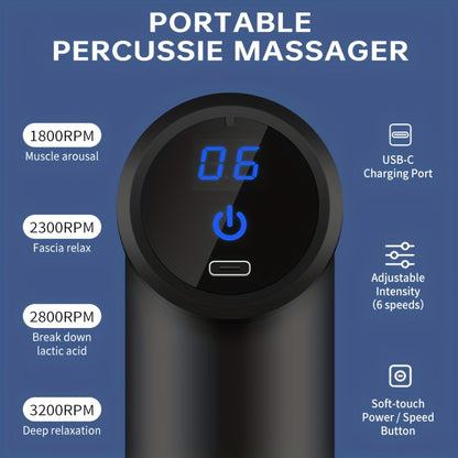 O massajador portátil vem com quatro cabeças de massagem intercambiáveis, tem um ecrã LED, pode ser carregado via USB, opera com uma voltagem de ≤36V, é alimentado por uma bateria de lítio 18650 e foi concebido para uma utilização multifuncional.