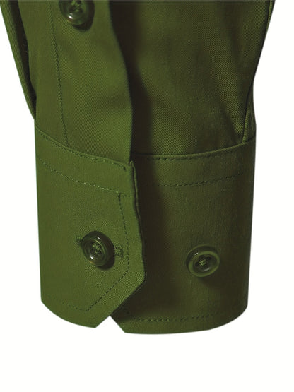 Camisola de homem de manga comprida com corte slim - 55% algodão, 40% poliéster, 5% elastano, cor lisa, para todas as estações, tecido plano, fecho com botões, gola de lapela, ideal para o fim de semana, 125 g/m²