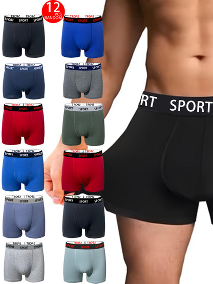12pcs Men's Cotton Solid Color Underwear Boxers, Casual Boxer Briefs Shorts, Breathable Comfy Stretchy Underwear Boxer Briefs