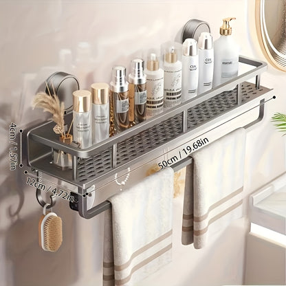 Sleek Multi-Functional Metal Storage Rack – Easy Install, Space-Saving Design for Efficient Home Organization, Polished Finish, Wall-Mounted Shelf with Drainage Holes, Perfect for Bathroom or Kitchen Use, Bathroom Organizer