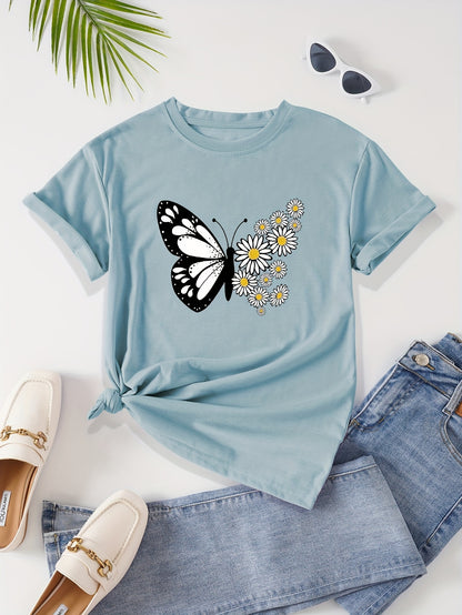 T-shirt casual para mulher com estampado floral de borboletas e margaridas, gola redonda - Verde azeitona, Lavável à máquina, Modelagem regular para looks casuais, Moda para todas as estações, Estilo descontraído, Tecido não transparente