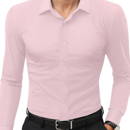 Camisola de homem de manga comprida com corte slim - 55% algodão, 40% poliéster, 5% elastano, cor lisa, para todas as estações, tecido plano, fecho com botões, gola de lapela, ideal para o fim de semana, 125 g/m²